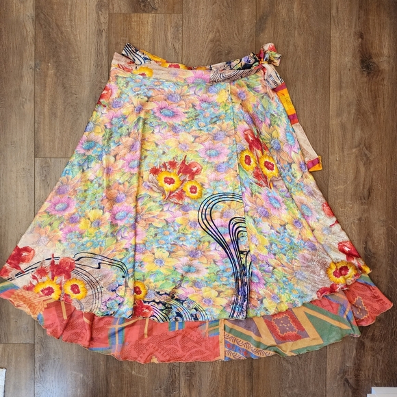 Adjustable Wrap Skirt Flowy Boho Colorful Twirly Skirt Lightweight Floral Plaid - Picture 1 of 10